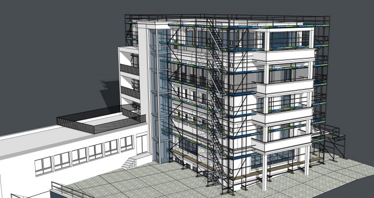 3D-Gerüstplanung für Gebäude. Hier für den Umbau eines Mehrfamilienhauses mit SketchUp & Scaffmax.